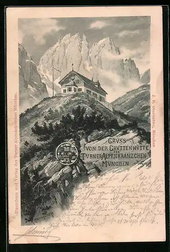 Künstler-AK Rudolf Reschreiter: Gruttenhütte des Turner Alpenkränzchen München
