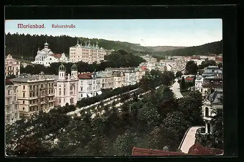 AK Marienbad, Kaiserstrasse mit Synagoge aus der Vogelschau