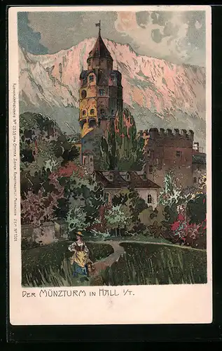 Künstler-AK Carl Schmidt: Hall, Münzturm gegen das Gebirge
