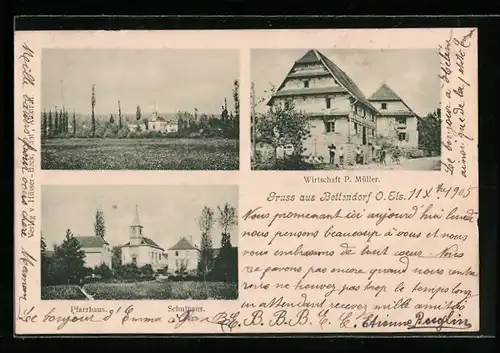 AK Bettendorf O. Els., Gasthaus P. Müller, Pfarrhaus und Schule