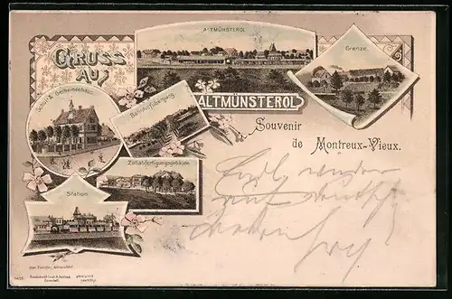 Lithographie Altmünsterol, Grenze, Bahnhof, Schul- & Gemeindehaus