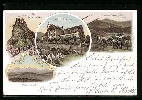 Lithographie St. Anna, Hotel, Ruine Freudenstein, Alpenpanorama