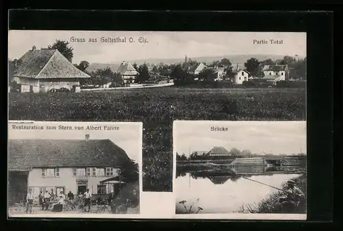 AK Gottesthal i. O.-Els., Restauration zum Stern, Brücke, Partie Total