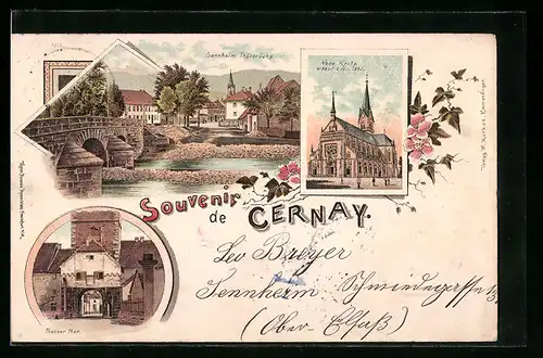 Lithographie Cernay, Thanner Thor, Neue Kirche