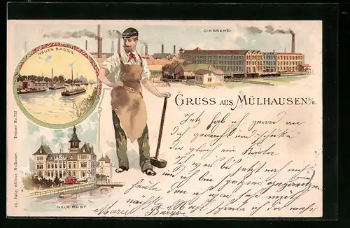 Lithographie Mülhausen, Neue Post, Giesserei, Neues Bassin, Arbeiter, Strassenbahn