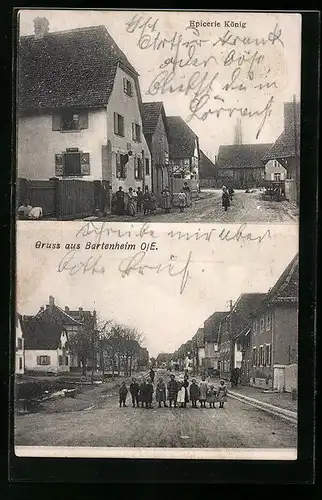 AK Bartenheim i. O.-E., Epicerie König, Strassenpartie