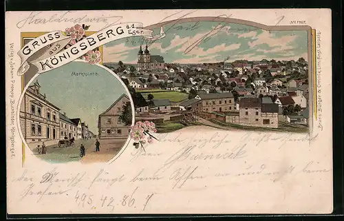 Lithographie Königsberg a. d. Eger, Teilansicht mit Kirche, Marktplatz