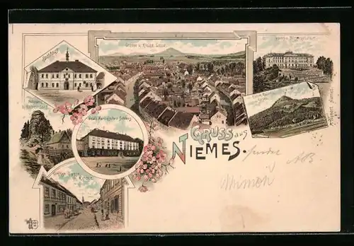 Lithographie Niemes, Gräfl. Hartig`sches Schloss, Rathaus, Volks- und Bürgerschule