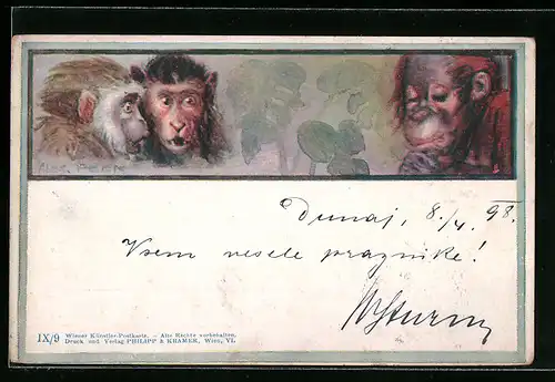Künstler-AK Philipp + Kramer Nr. IX /9: Drei Affen mit Blättern