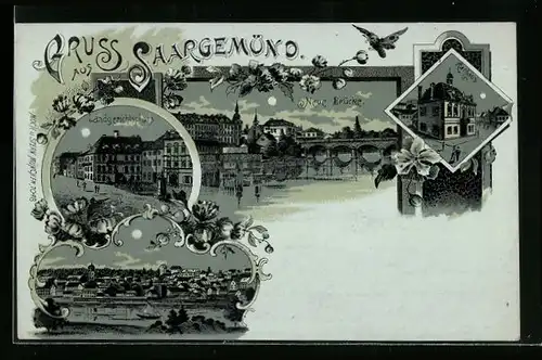 Mondschein-Lithographie Saargemünd, Neue Brücke, Rathaus, Landgerichtsplatz