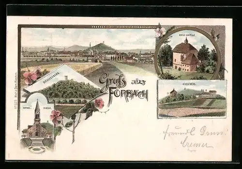 Lithographie Forbach, Kreuzberg, Schlossberg, Kreuz-Kapelle