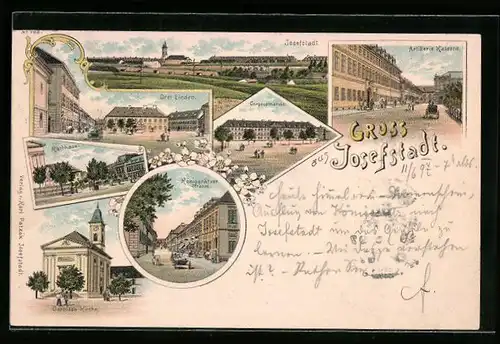 Lithographie Josefstadt, Gasthaus Drei Linden, Artillerie-Kaserne, Rathaus