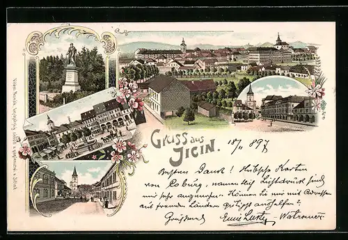 Lithographie Jicin, Marktplatz mit Brunnen, Denkmal, Strassenpartie