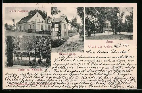 AK Eulau, Rothes Gasthaus, Garten mit Kolonnade, Garteneingang