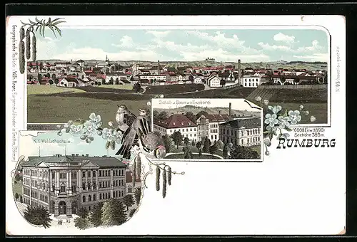 Lithographie Rumburg / Rumburk, Panorama, Schaf- und Baumwollweberei & Webfachschule