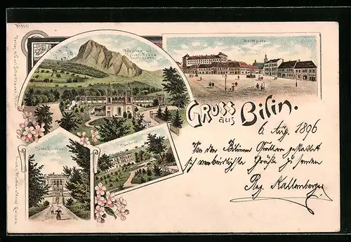 Lithographie Bilin, Marktplatz, Kurhaus, Bäder