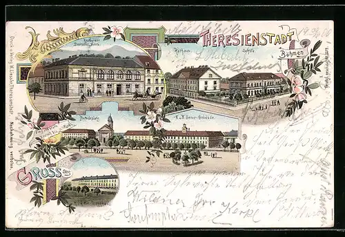 Lithographie Theresienstadt / Terezin, Restaurant Deutsches Haus, Paradeplatz, Schule