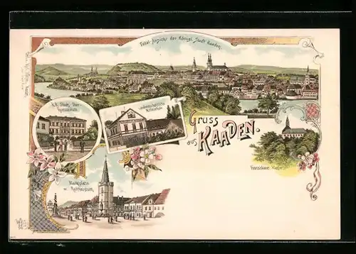 Lithographie Kaaden / Kadan, Staat- und Obergymnasium, Marktplatz mit Rathausturm, Mittelschule, Franziskanerkloster