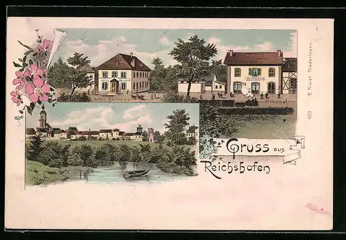 Lithographie Reichshofen, Hotel Bellevue, Bahnhof