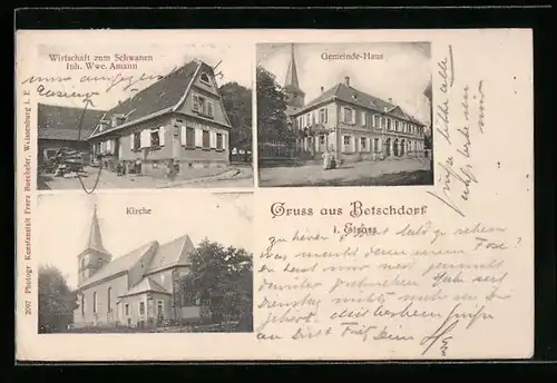 AK Betschdorf i. Elsass, Gasthaus zum Schwanen, Gemeindehaus, Kirche