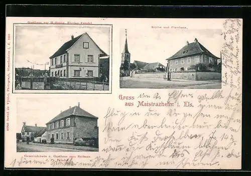 AK Meistratzheim, Gasthaus zur Hoffnung, Kirche und Pfarrhaus