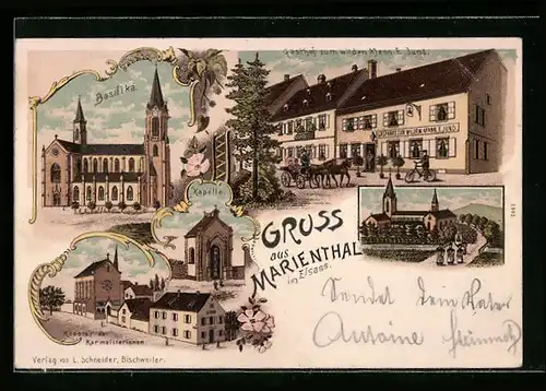 Lithographie Marienthal i. Elsass, Gasthof zum wilden Mann, Basilika