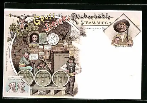 Lithographie Strassburg i. E., Gasthaus Serger`s Räuberhöhle