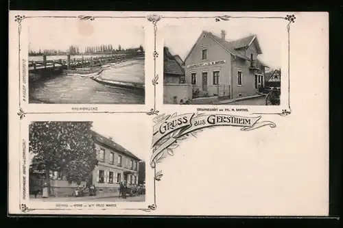 AK Gerstheim, Gasthaus zur Krone, Rheinbrücke, Consumgeschäft Barthel
