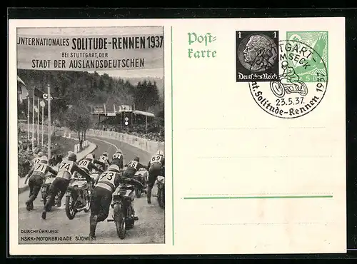 AK Ganzsache PP145C2: Stuttgart, Internationales Solitude-Rennen 1937, Durchführung NSKK-Motorbrigade Südwest