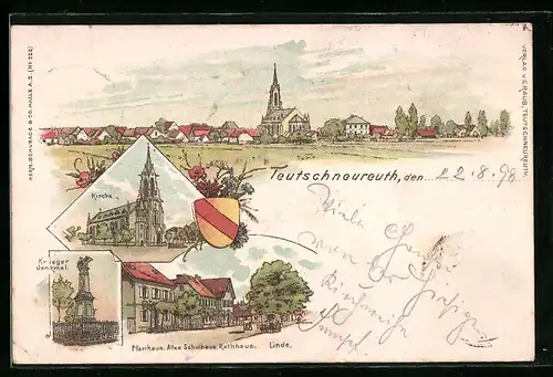 Lithographie Teutschneureuth, Pfarrhaus mit altem Schulhaus und Rathaus, Krieger-Denkmal