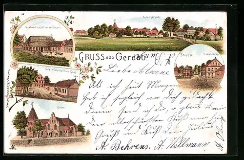 Lithographie Gerdau, Gasthaus von Wellmann, Gasthof von Knop, Strassenpartie