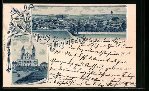 Lithographie Vilsbiburg, Teilansicht, Mariahilfs-Kirche in Mariahilf