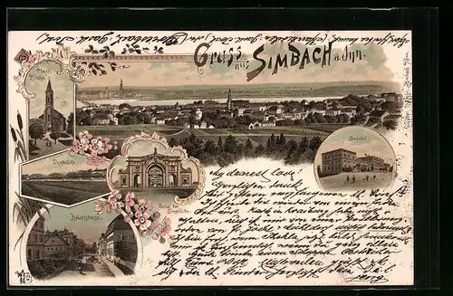 Lithographie Simbach a. Inn, Bahnhof, Innbrücke, Portal