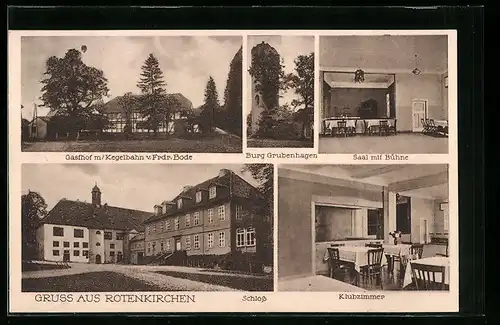 AK Rotenkirchen, Gasthof mit Kegelbahn von Frdr. Bode, Inneres Saal mit Bühne und Klubzimmer