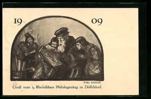 AK Düsseldorf, Festpostkarte 5. Rheinischen Philologentag 1909, Älterer Herr und kleines Kind mit Buch