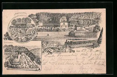 Lithographie Lochmühle, Gasthaus Lochmühle, Marmorstein, Bimmstein