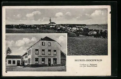 AK Beuren /Hochwald, Gasthaus u. Metzgerei von Jak. Sterk-Weitzel, Teilansicht mit Kirche