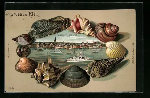 Passepartout-Lithographie Kiel, Gesamtansicht mit Dampfern, Muscheln