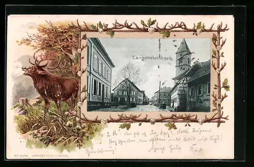 Passepartout-Lithographie Langensteinbach, Ortspartie mit Kirche, Röhrender Hirsch