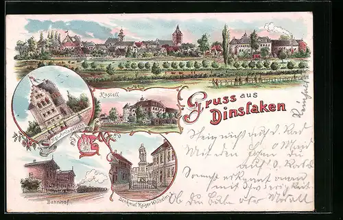 Lithographie Dinslaken, Bahnhof, Kastell, Amtsgericht, Ortspanorama