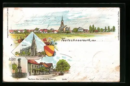 Lithographie Teutschneureuth, Strassenpartie mit Schulhaus und Linde, Kriegerdenkmal, Ortspanorama, Wappen