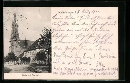 AK Teutschneureuth, Kirche und Pfarrhaus mit Strasse