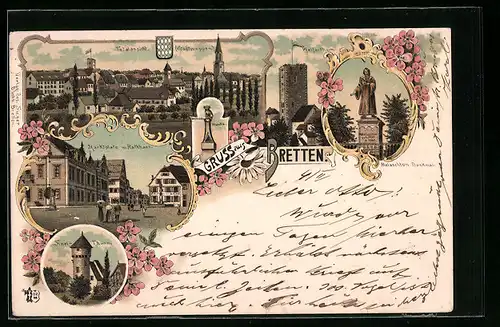 Lithographie Bretten, Marktplatz mit Rathaus, Melanchton-Denkmal, Totalansicht, Stadtwappen