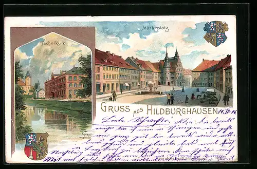 Lithographie Hildburghausen, Technikum, Marktplatz, Wappen
