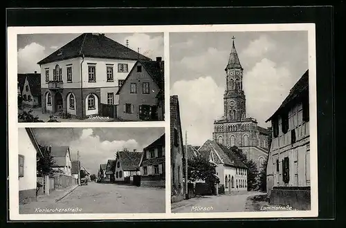 AK Mörsch, Karlsruherstrasse, Lammstrasse mit Kirche, Rathaus