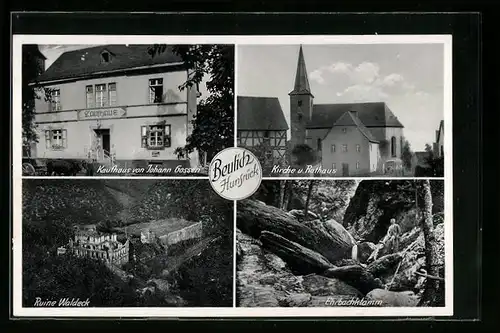 AK Beulich /Hunsrück, Kaufhaus J. Gossen, Ruine Waldeck, Kirche und Rathaus