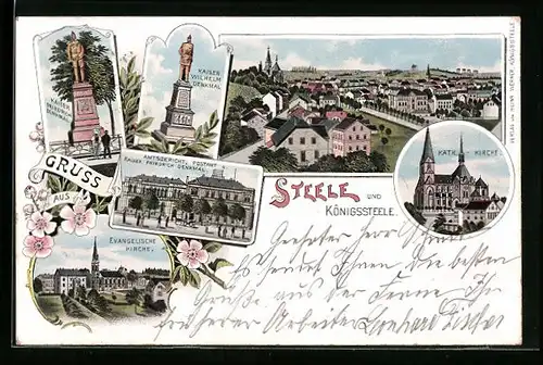 Lithographie Steele, Evangelische Kirche, Kaiser Friedrich Denkmal, Amtsgericht und Postamt