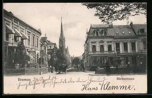 AK Bremen, Bürenstrasse mit Pferdewagen und Kirche