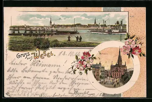 Lithographie Wesel, Marktplatz und Totalansicht mit Flusspartie