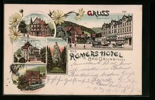 Lithographie Bad Grund /Harz, Römers Hotel, Villa Römer, Kaiser-Denkmal am Hübichenstein